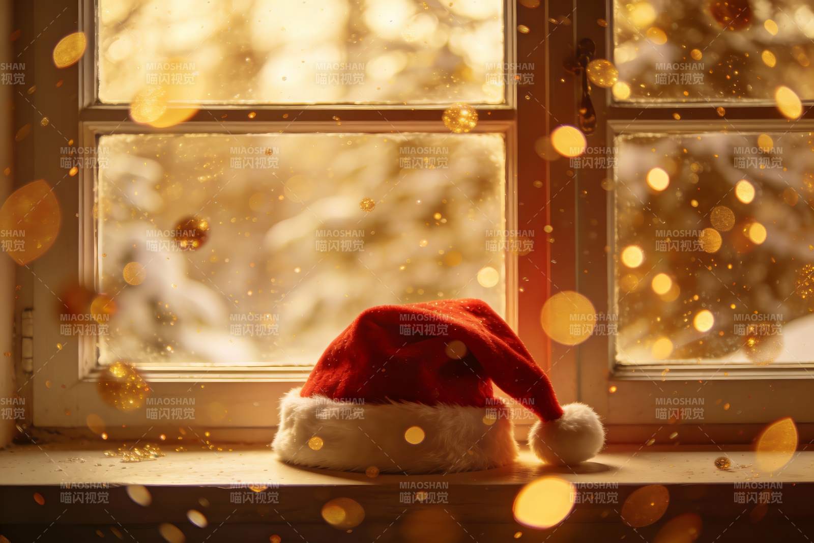 圣诞帽窗边静景图片