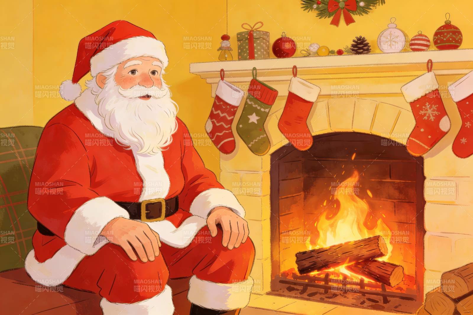 圣诞老人围炉而坐温馨场景图片
