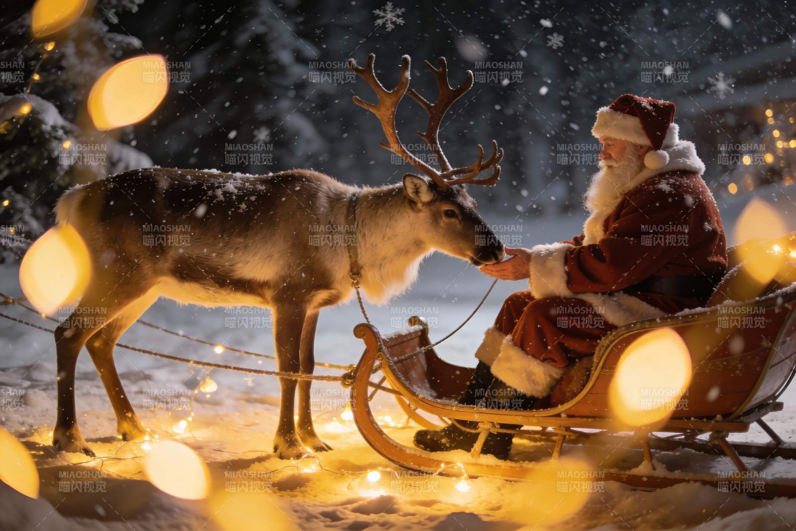圣诞老人与驯鹿雪夜互动图片