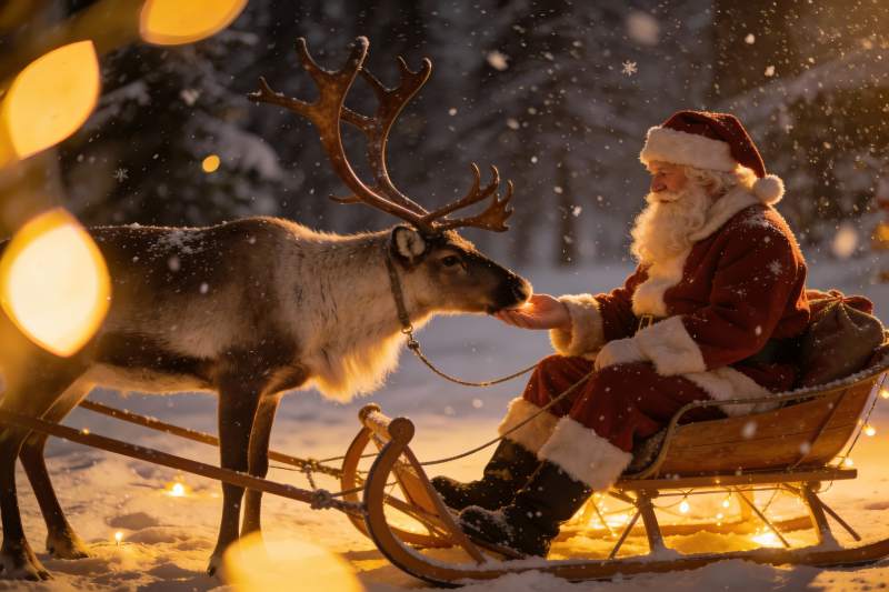 圣诞老人与驯鹿雪夜互动图片