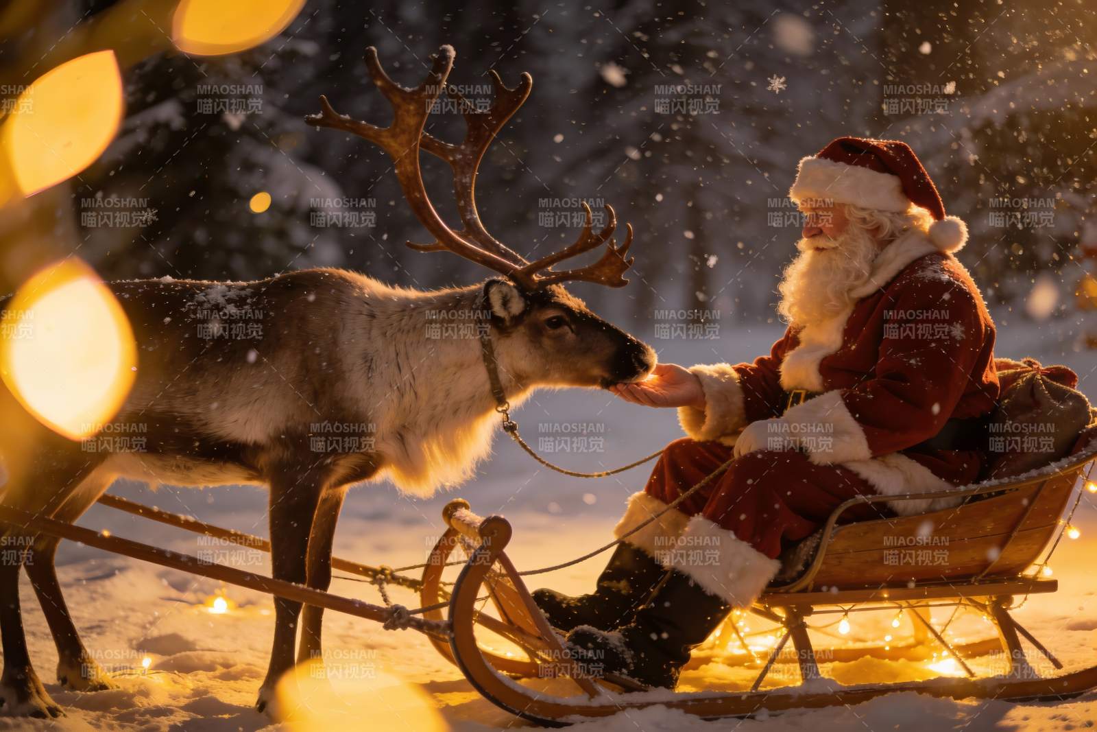 圣诞老人与驯鹿雪夜互动图片