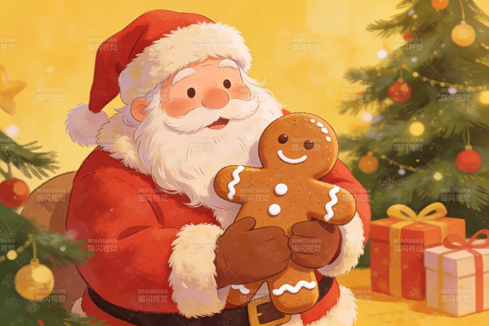 圣诞老人怀抱姜饼人庆祝节日图片