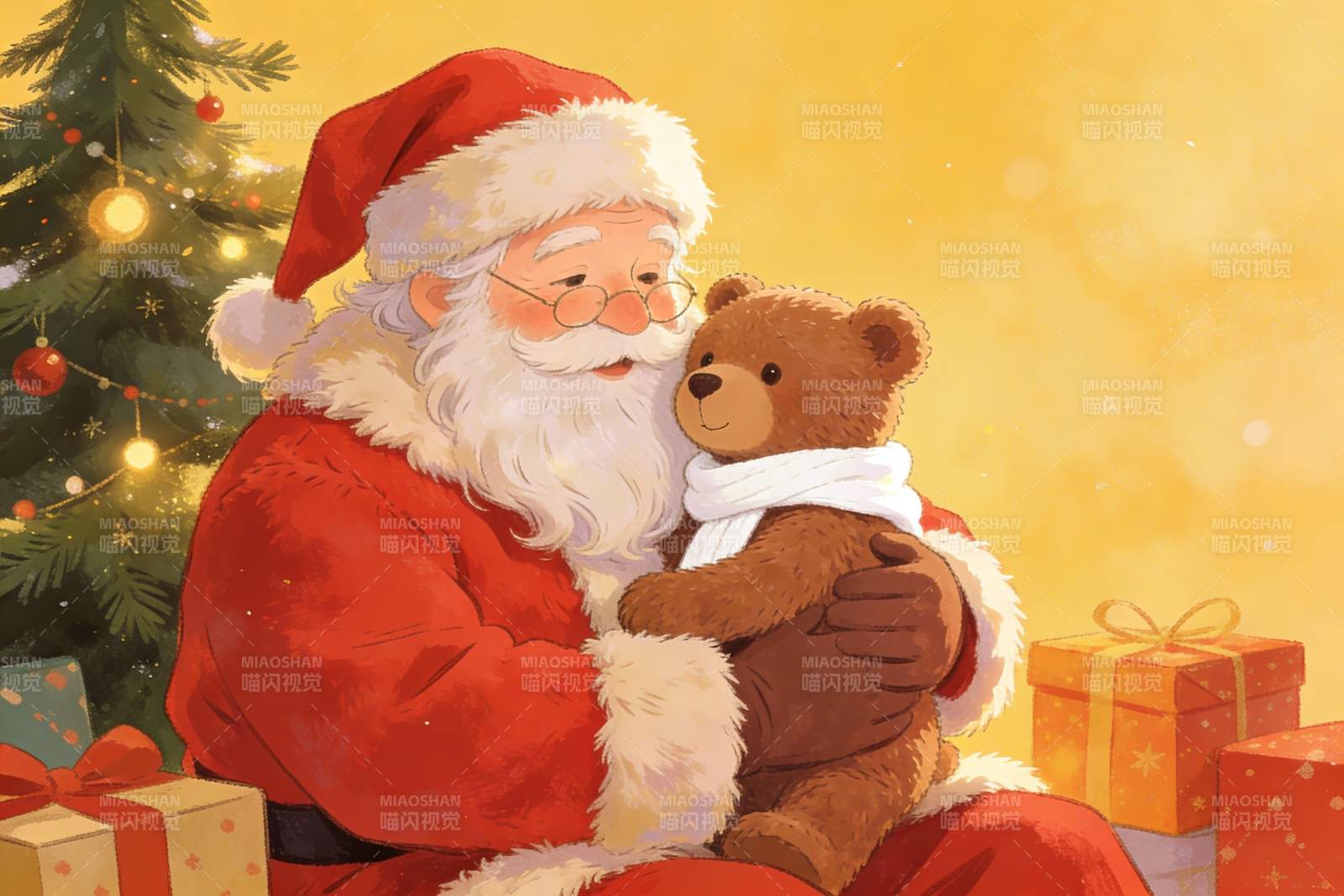 圣诞老人怀抱泰迪熊温馨场景图片