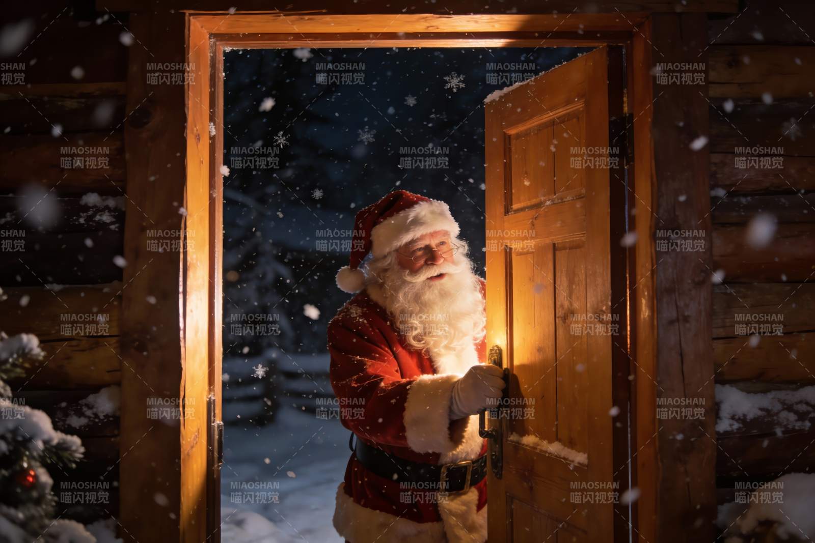 圣诞老人雪夜开门图片