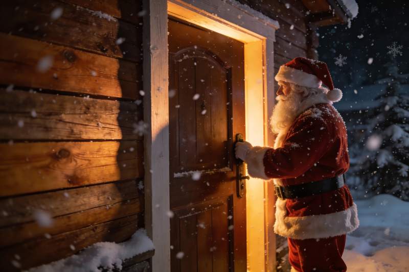 圣诞老人雪夜开门图片