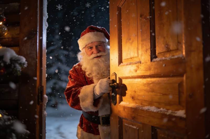 圣诞老人开门雪夜场景图片