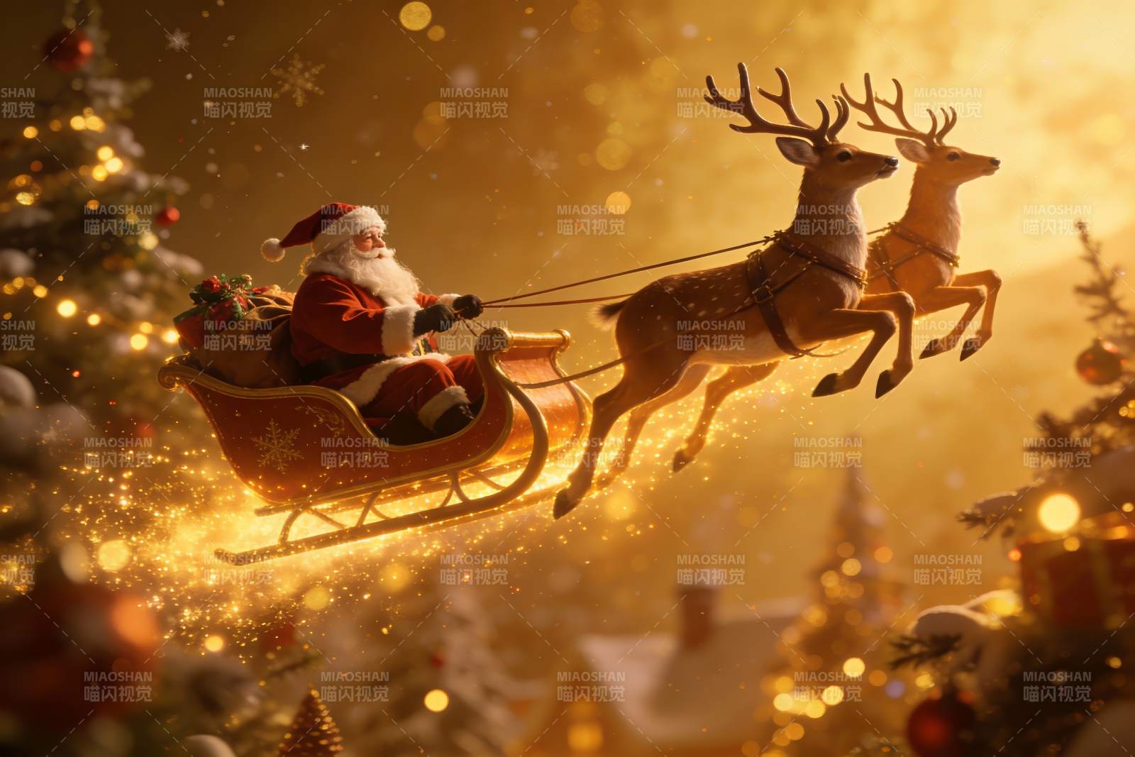 圣诞老人乘雪橇飞越夜空图片