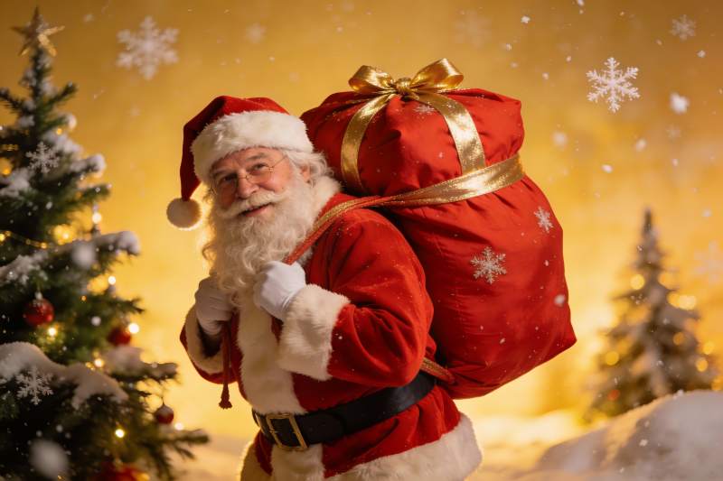圣诞老人背礼物袋雪景照图片