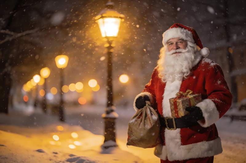 雪夜圣诞老人手提礼物图片