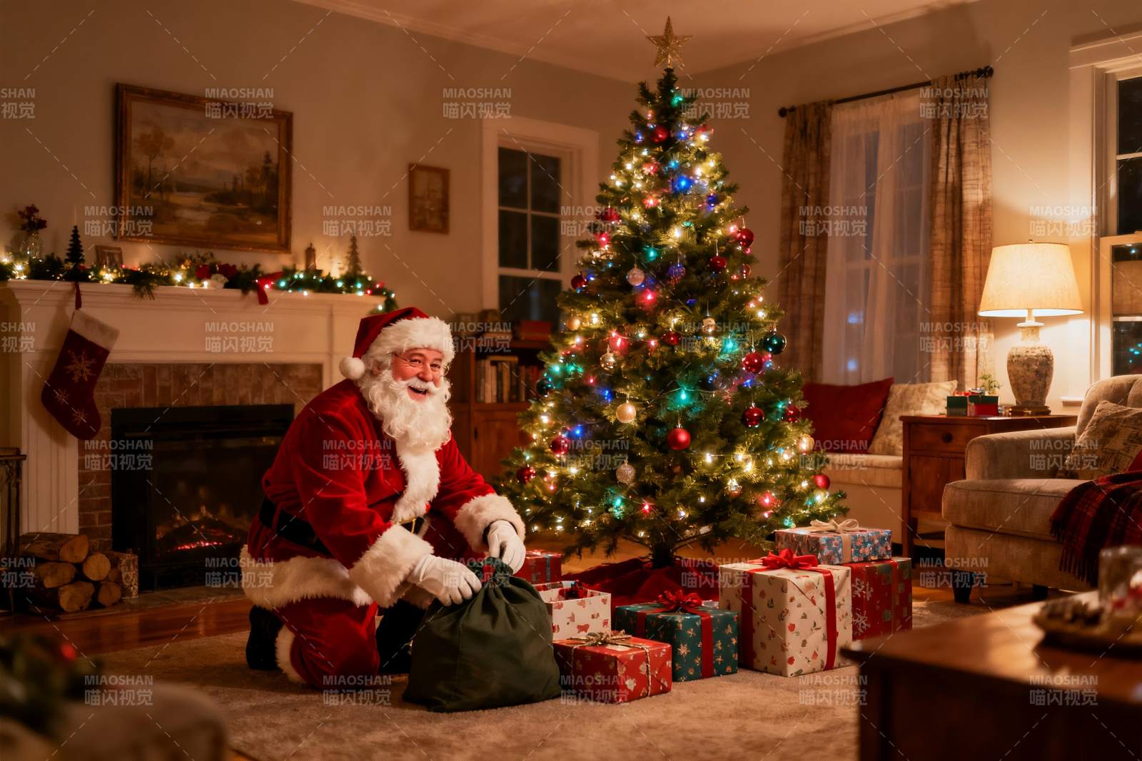 圣诞老人客厅分发礼物图片