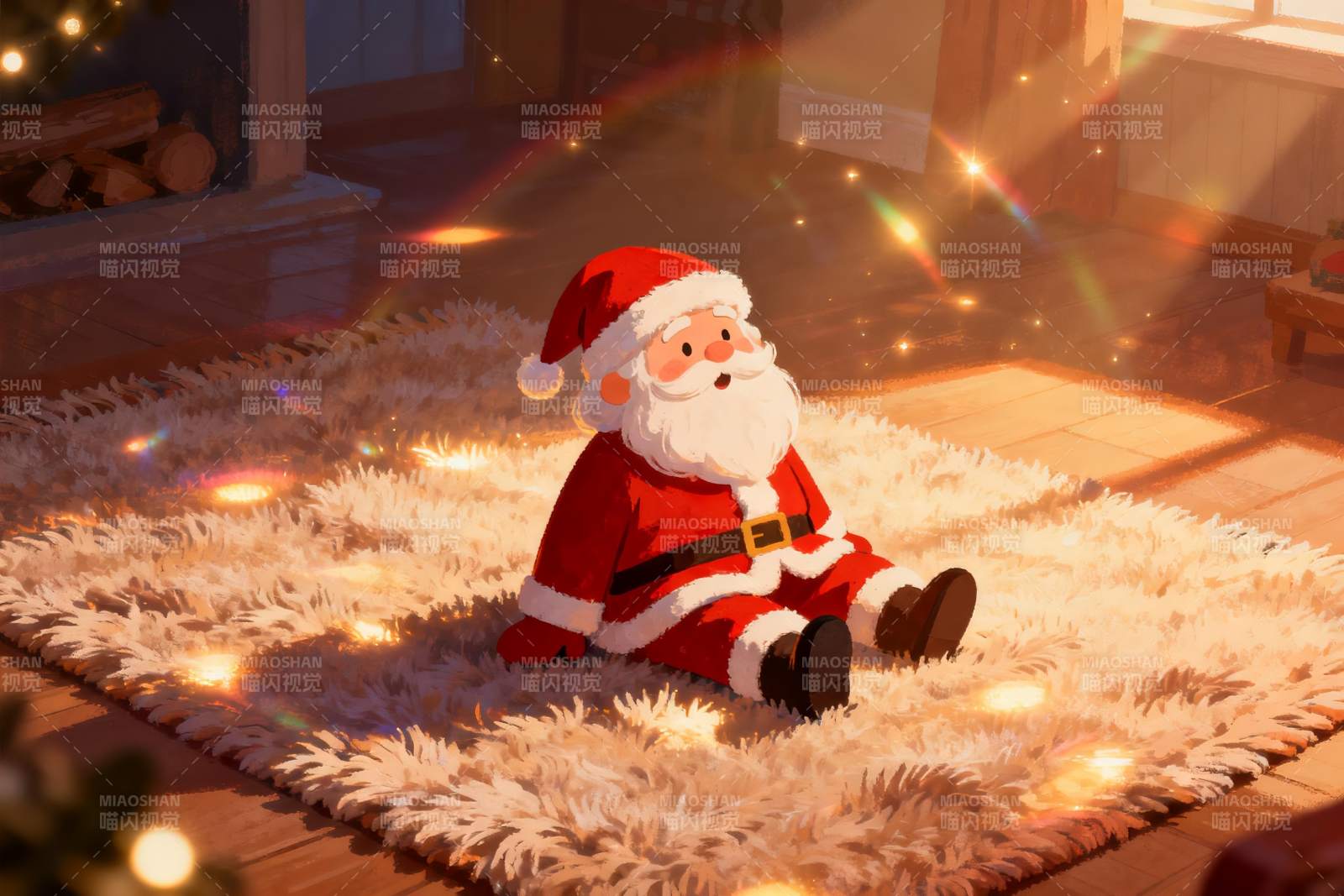 圣诞老人坐地毯上温馨场景图片