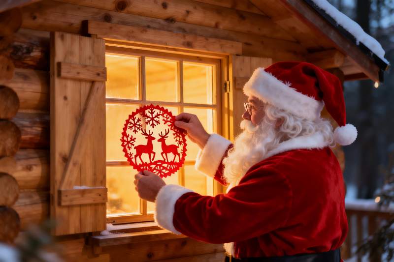圣诞老人贴窗花装饰木屋图片