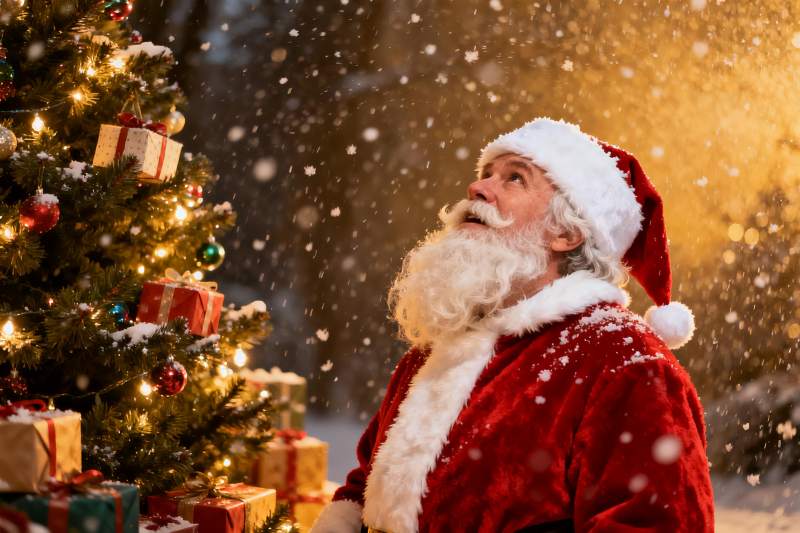 圣诞老人雪中仰望圣诞树图片