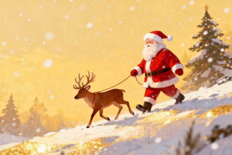 圣诞老人雪地牵鹿行走图片