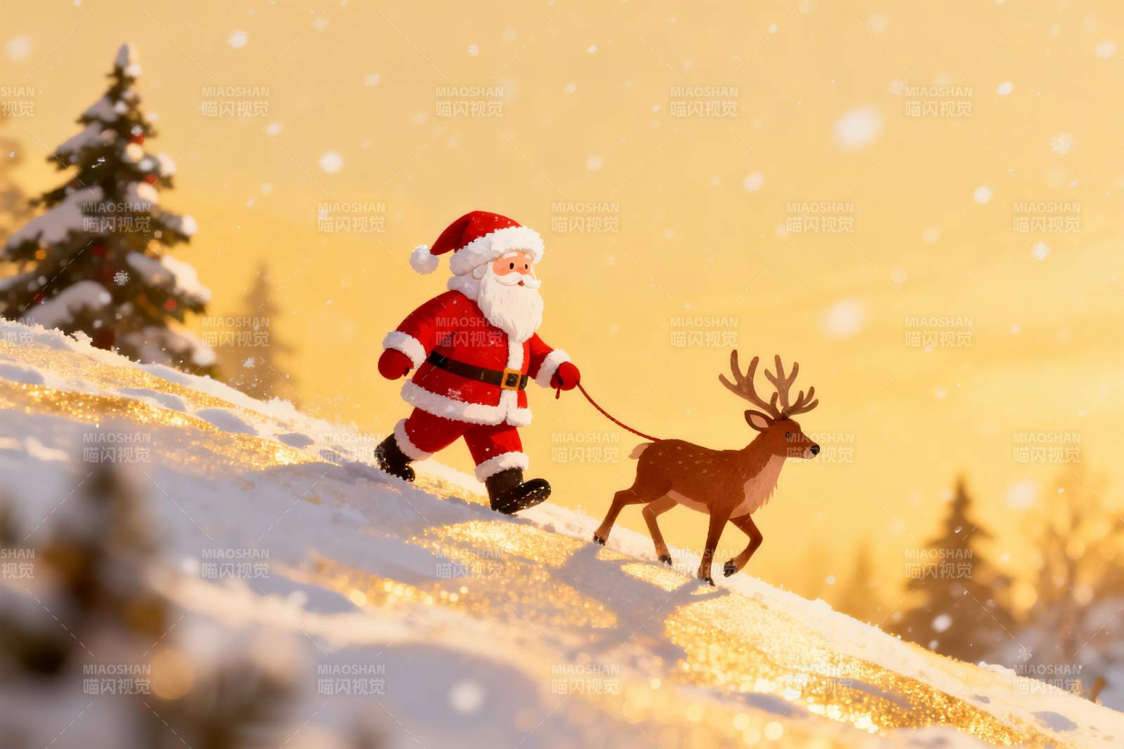 圣诞老人雪地牵鹿图片