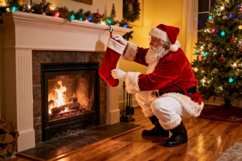 圣诞老人挂袜子庆祝节日图片