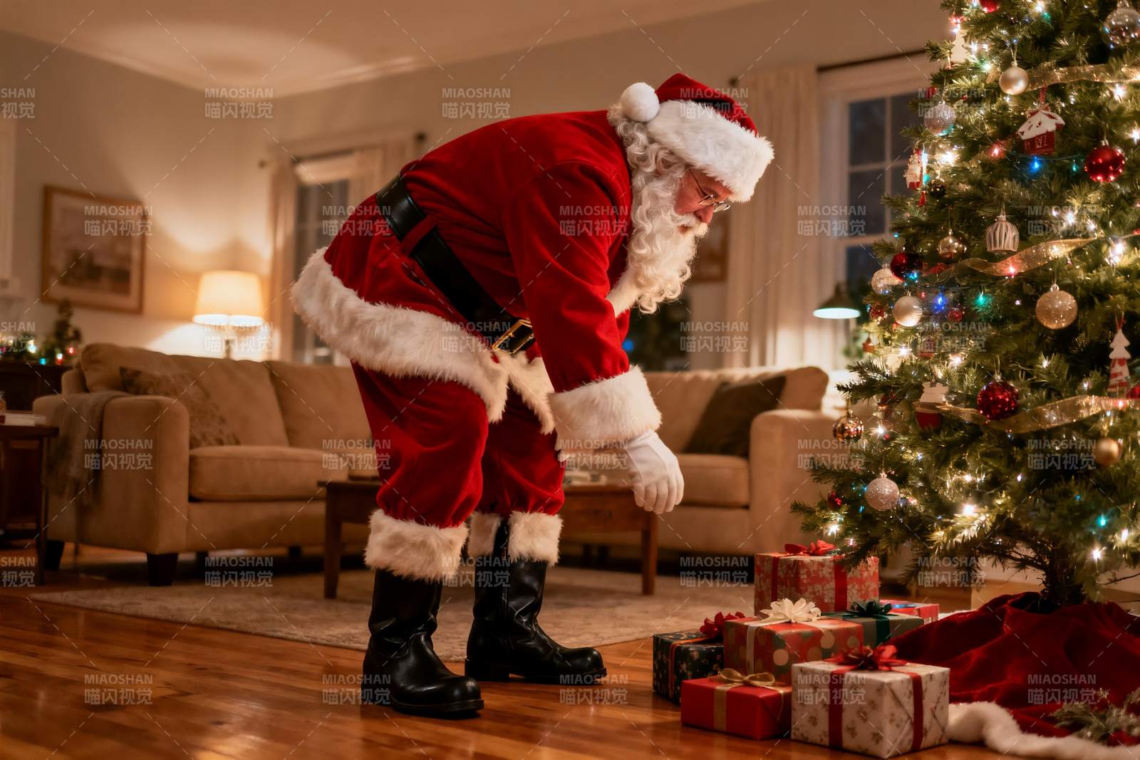 圣诞老人在客厅装饰圣诞树图片