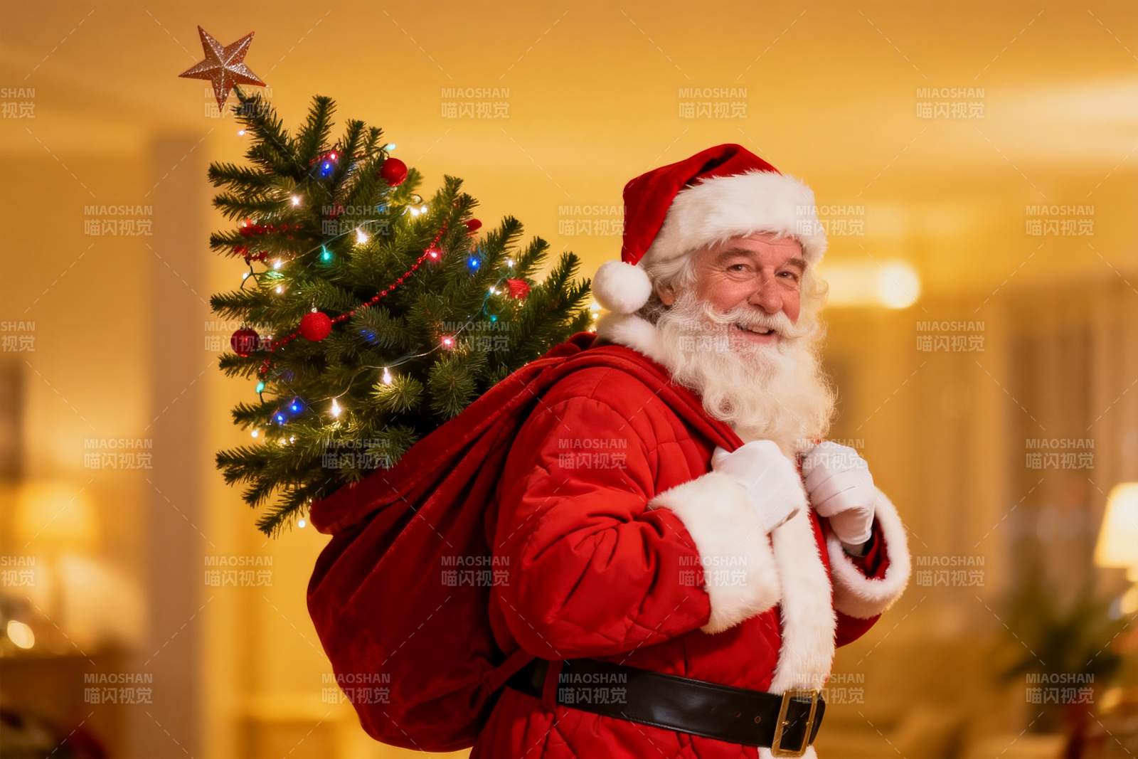 圣诞老人背树微笑图片