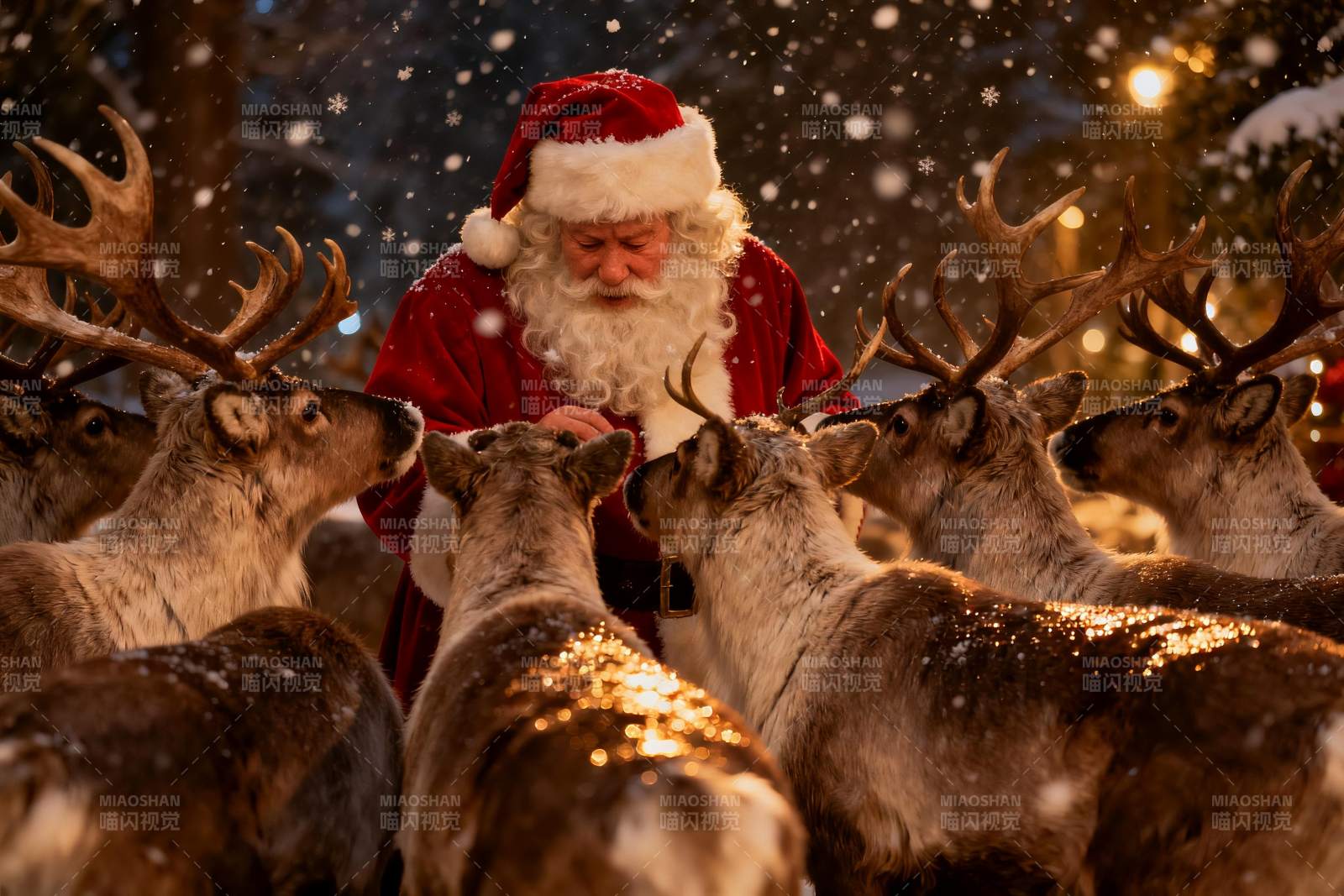 圣诞老人与驯鹿雪夜互动图片
