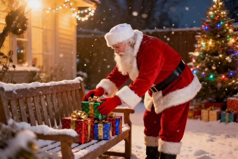 圣诞老人雪夜户外摆放礼物图片