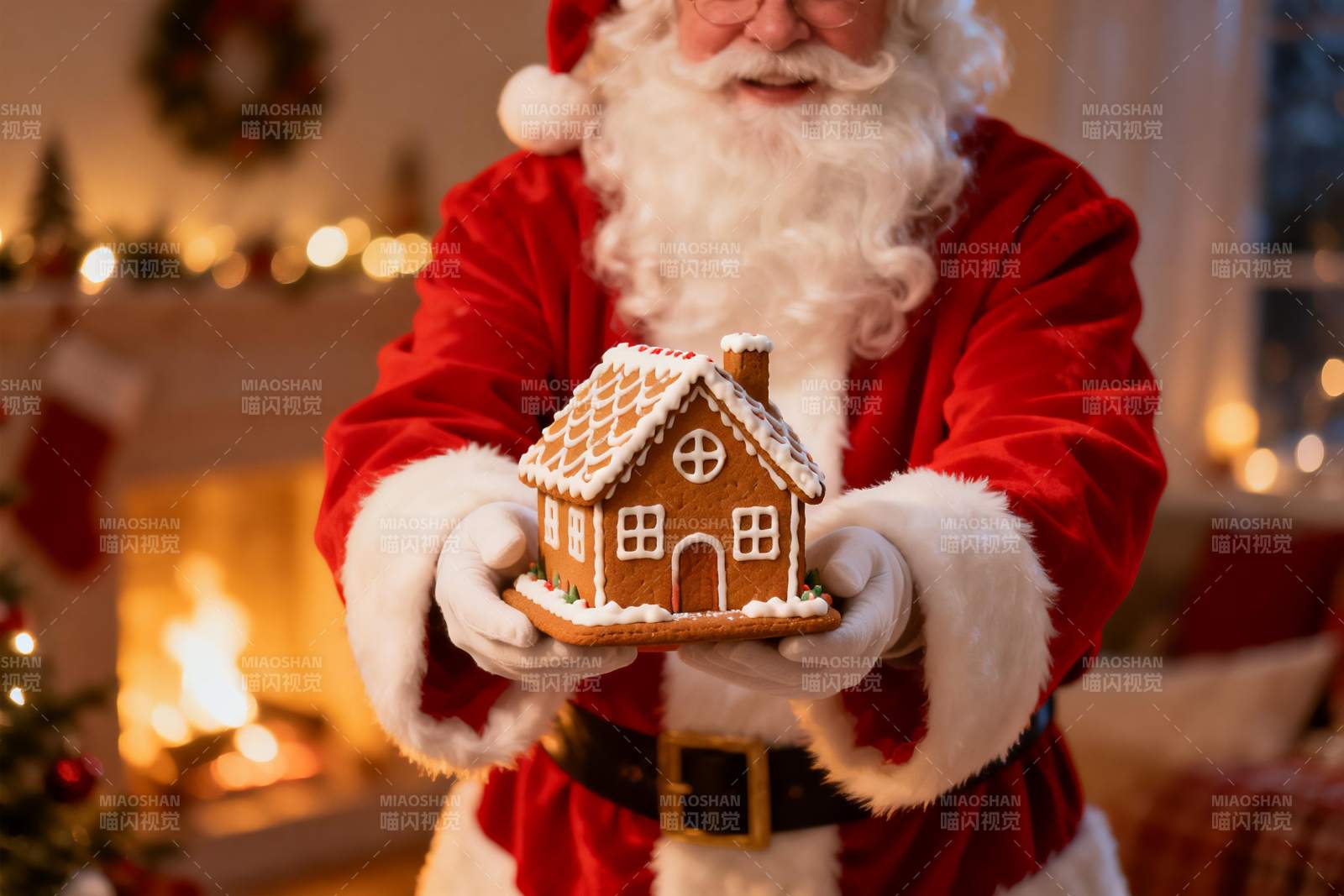 圣诞老人手持姜饼小屋庆祝节日图片