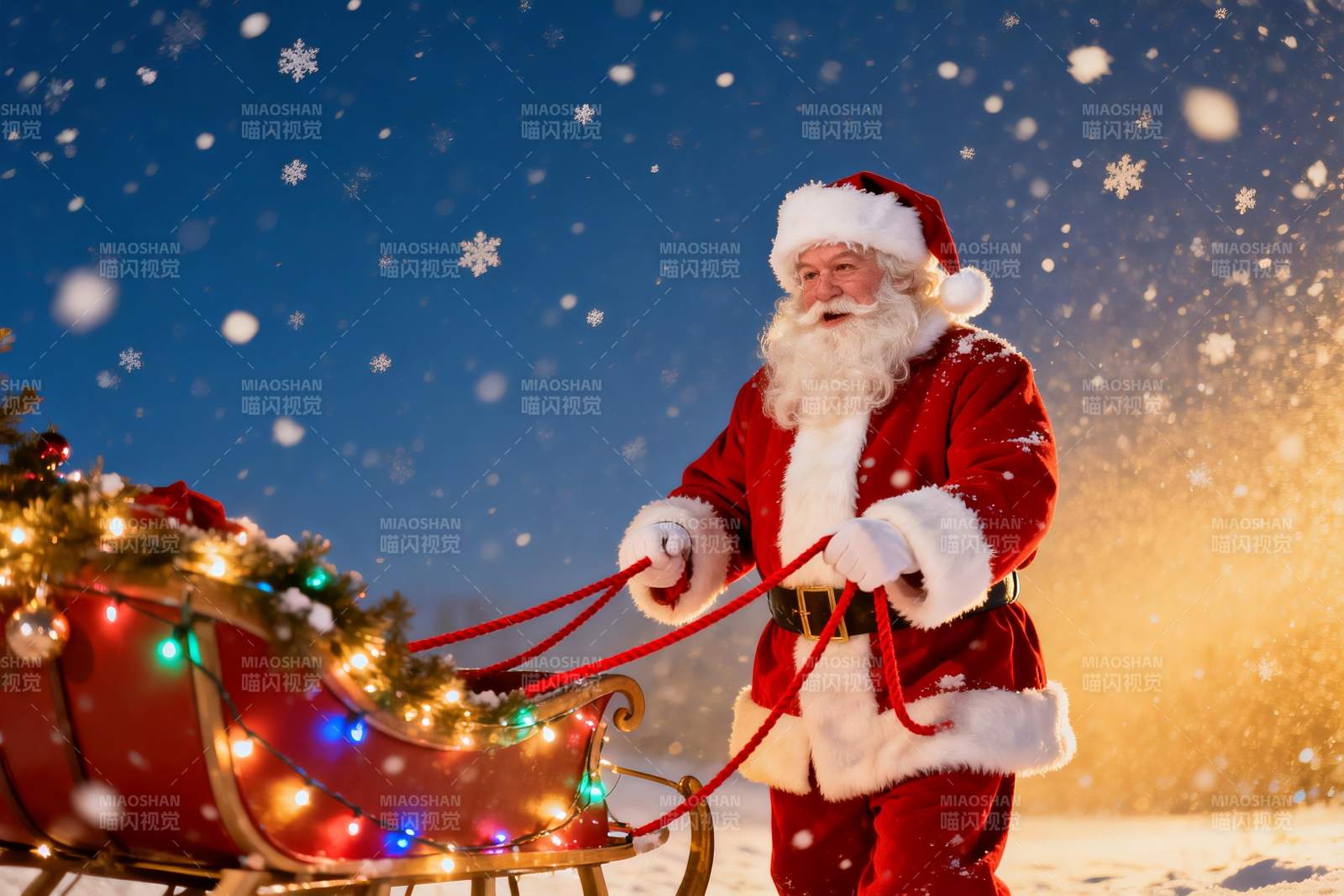 圣诞老人雪夜拉雪橇图片