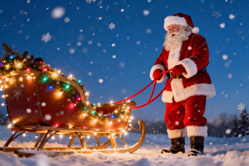 圣诞老人雪地拉雪橇图片