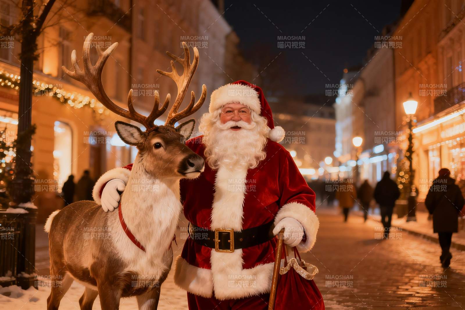 圣诞老人与驯鹿夜街合影图片