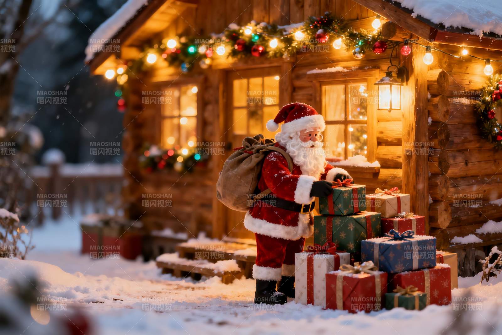 雪夜木屋圣诞老人送礼图片