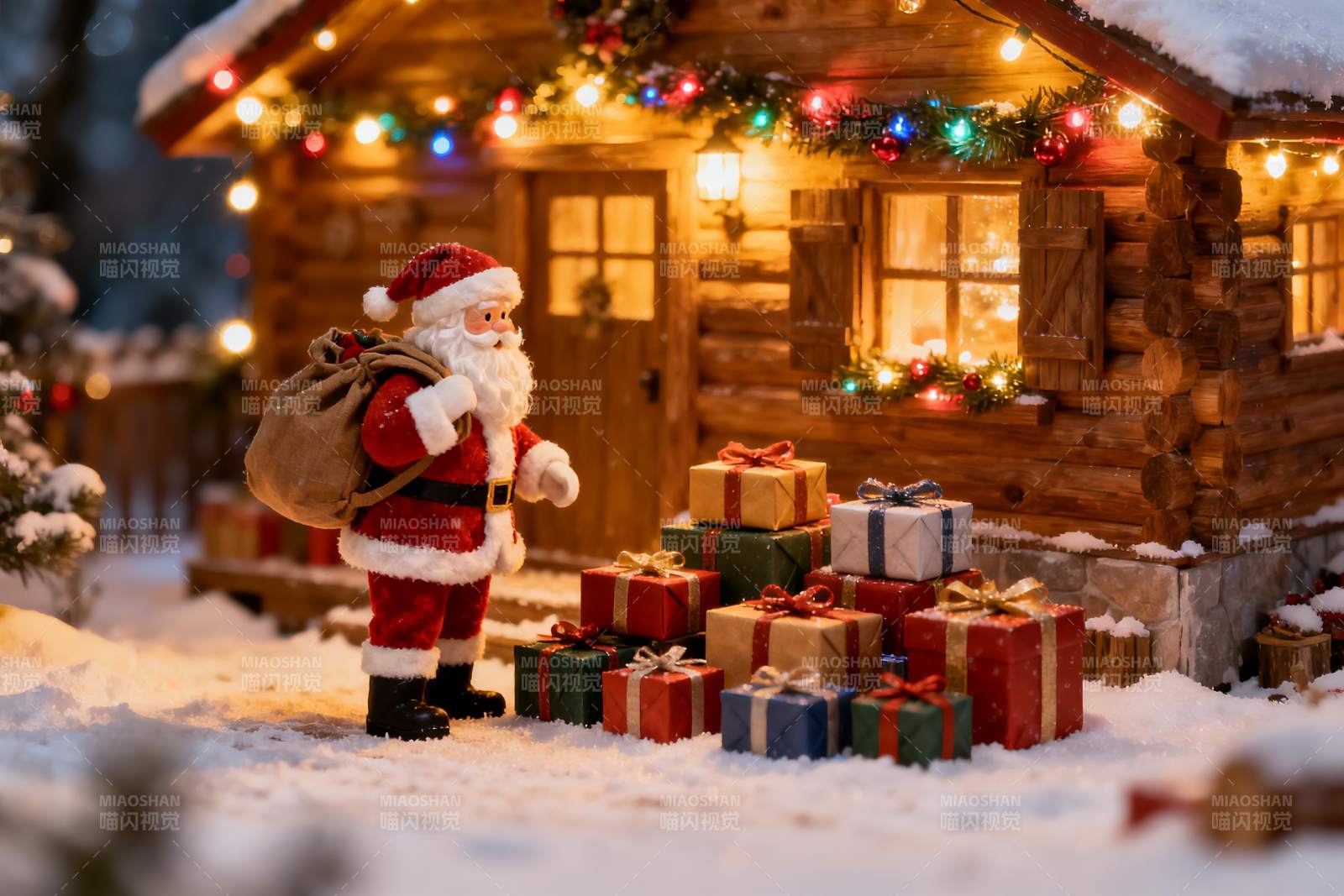 圣诞老人雪地送礼场景图片