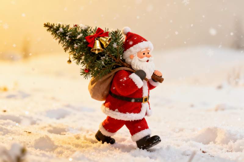 圣诞老人雪地背树图片