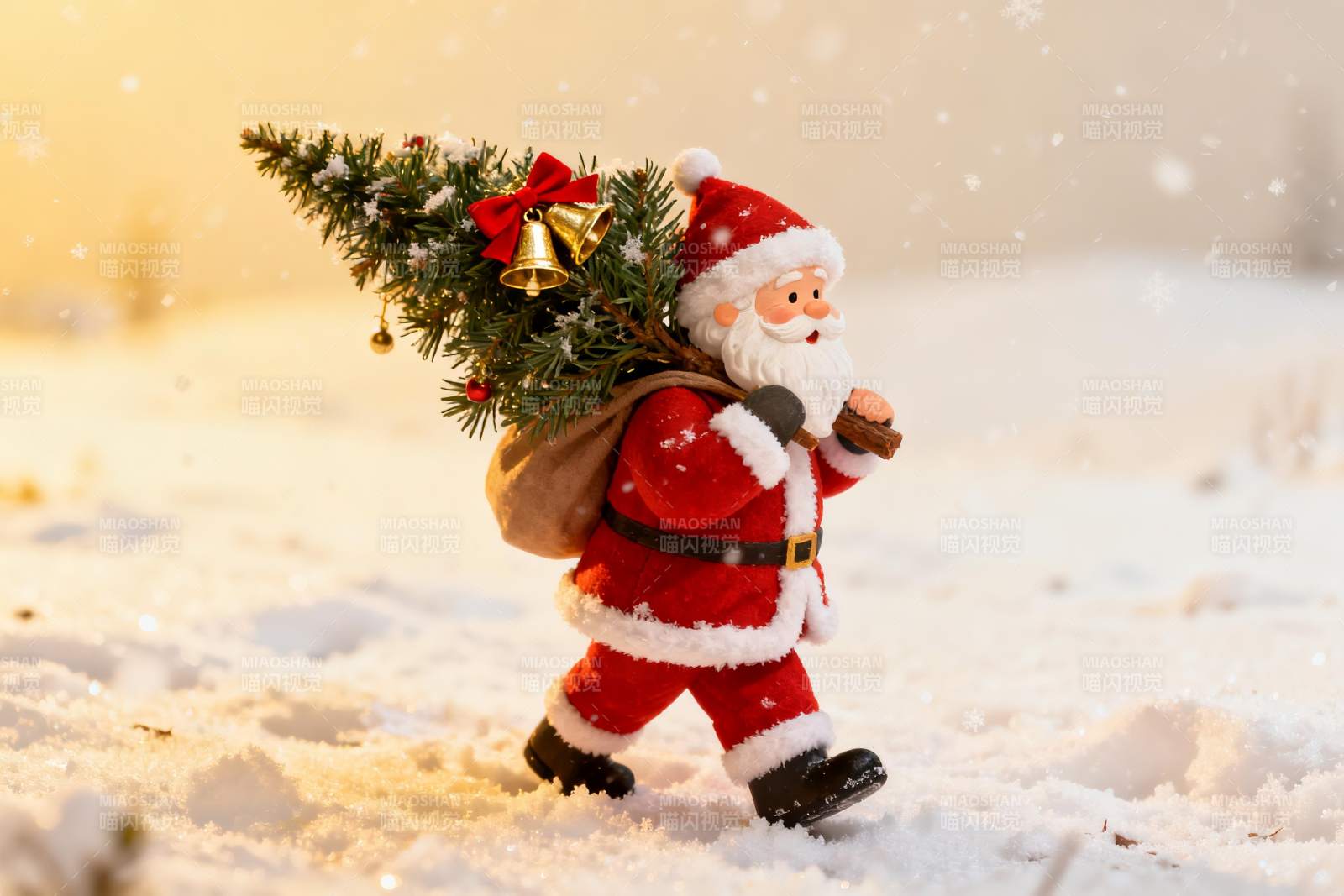 圣诞老人雪地背树图片