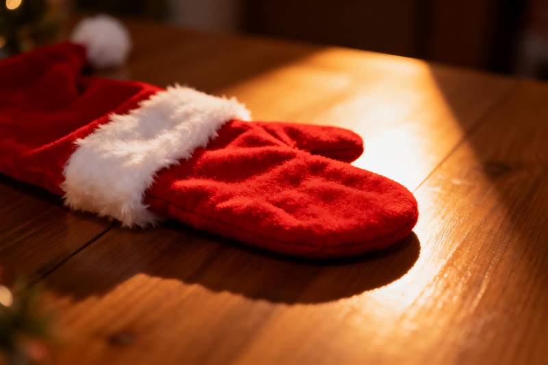 圣诞手套木质桌面光影特写图片