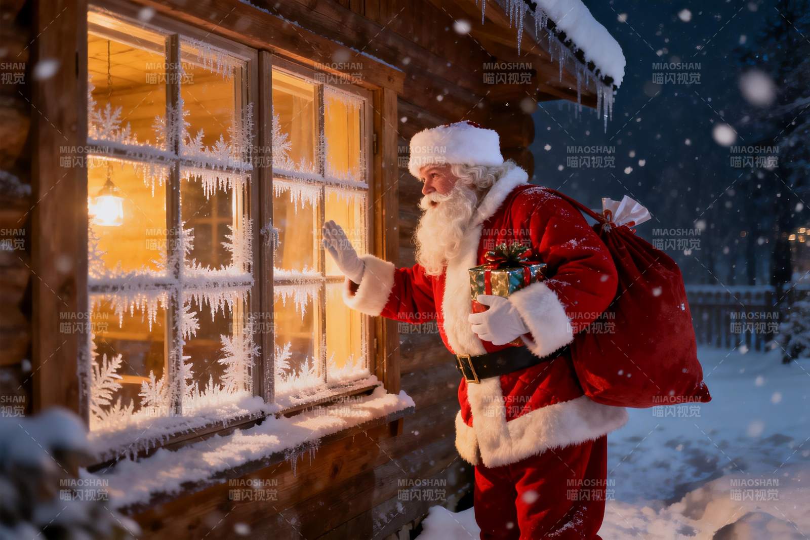 圣诞老人雪夜敲窗送礼图片