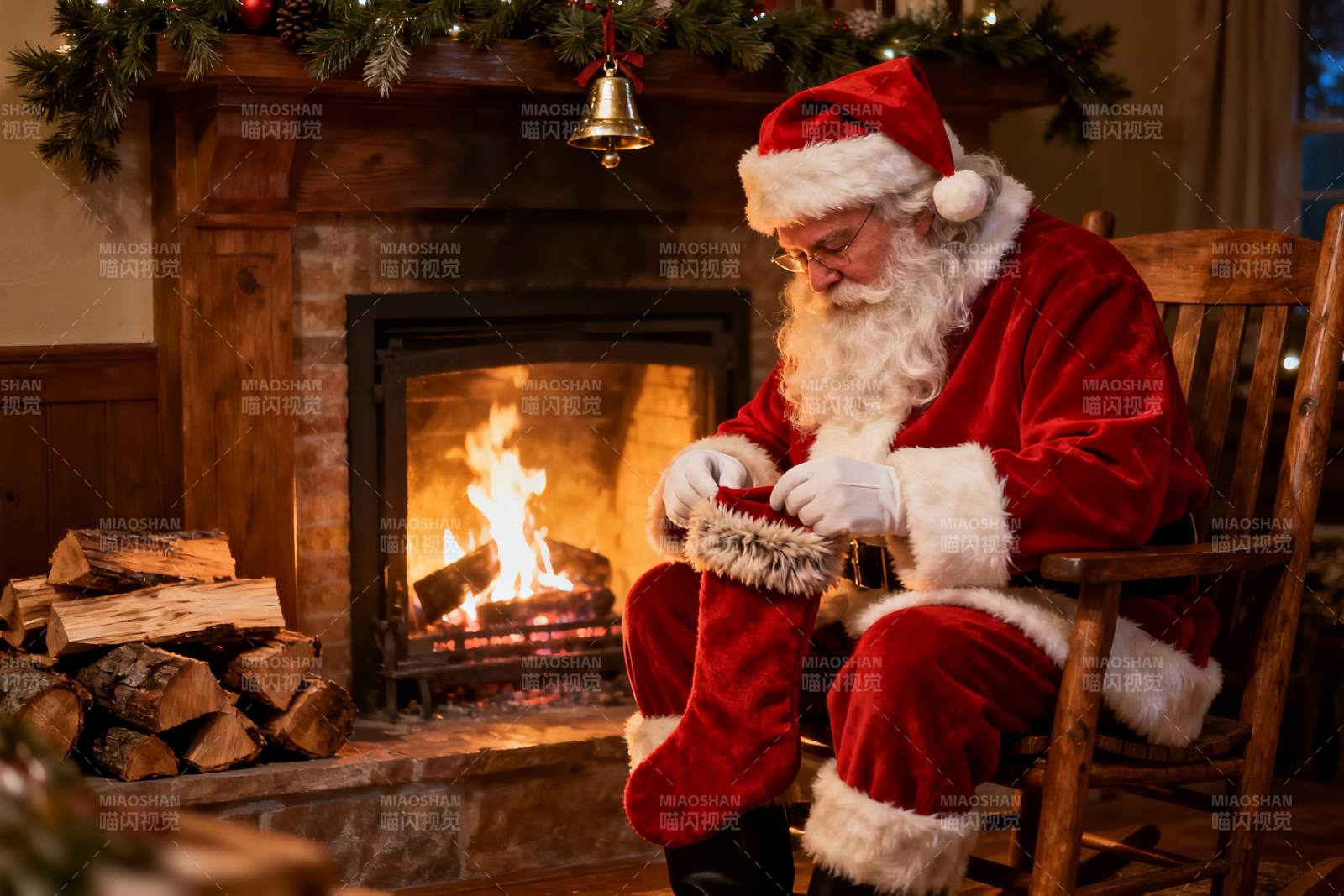 圣诞老人壁炉前整理长袜图片