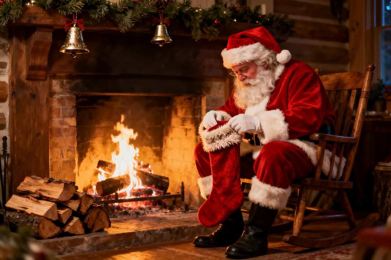 圣诞老人炉边缝制长袜温馨场景图片