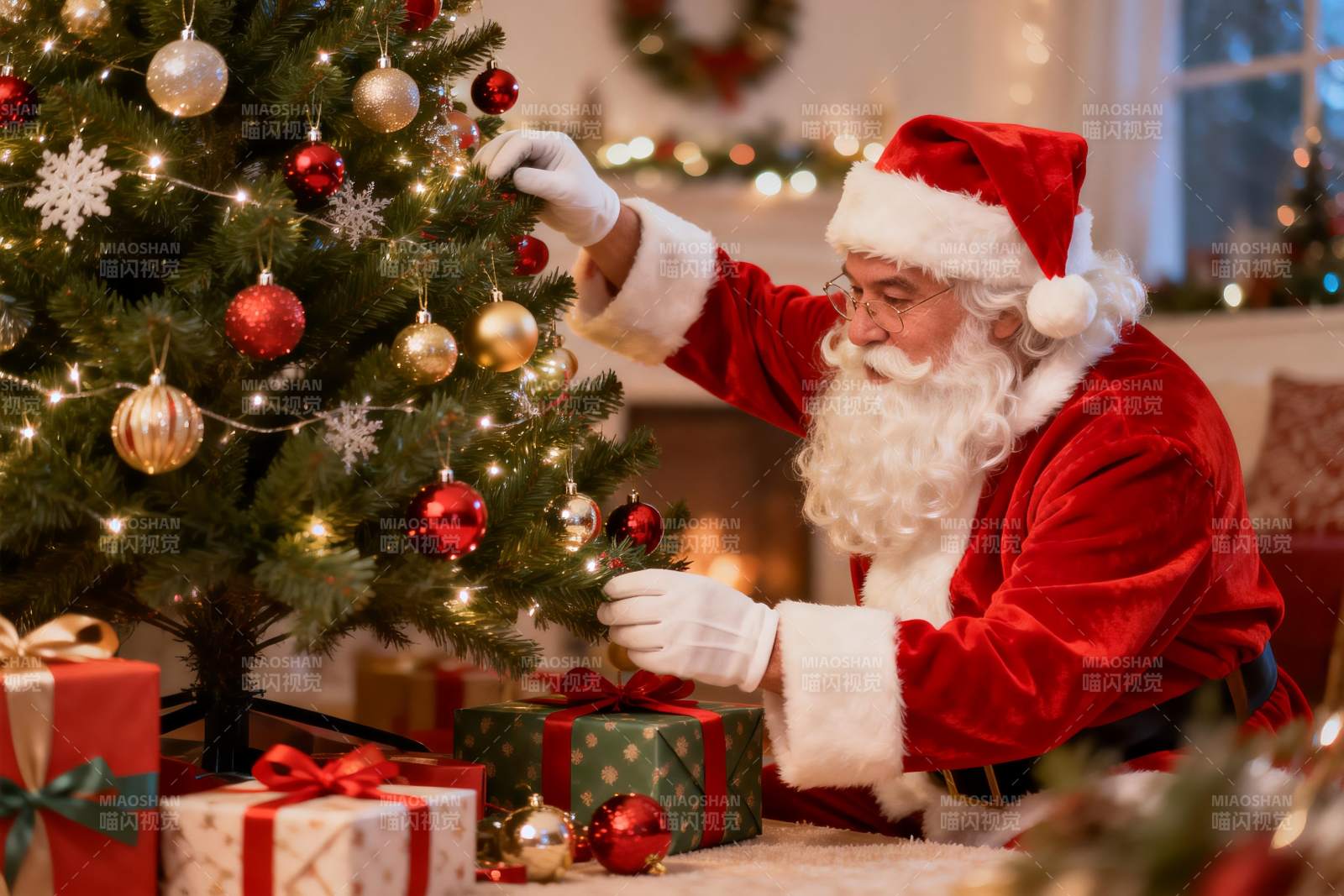 圣诞老人装饰圣诞树温馨节日场景图片