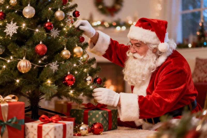 圣诞老人装饰圣诞树温馨节日场景图片