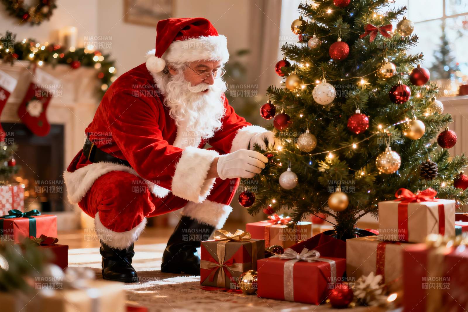 圣诞老人装饰圣诞树场景图片