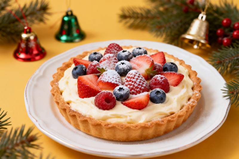 圣诞装饰下的水果挞图片