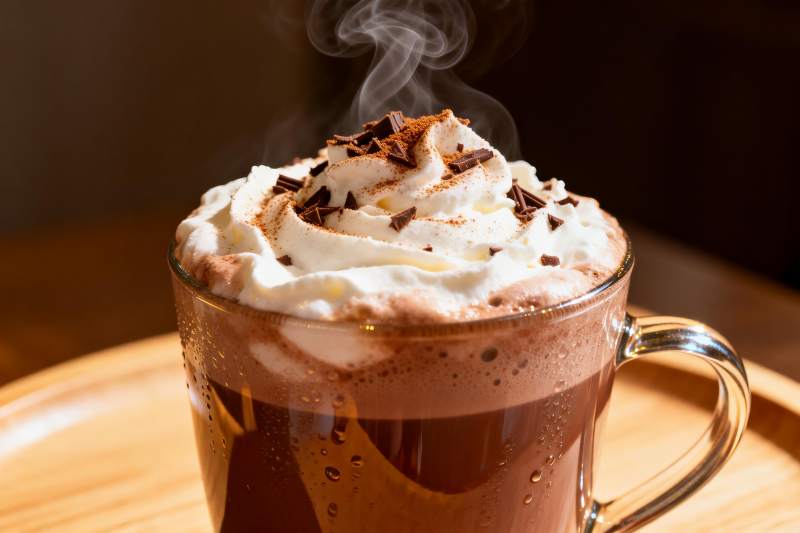 热巧克力杯上奶油与巧克力碎图片