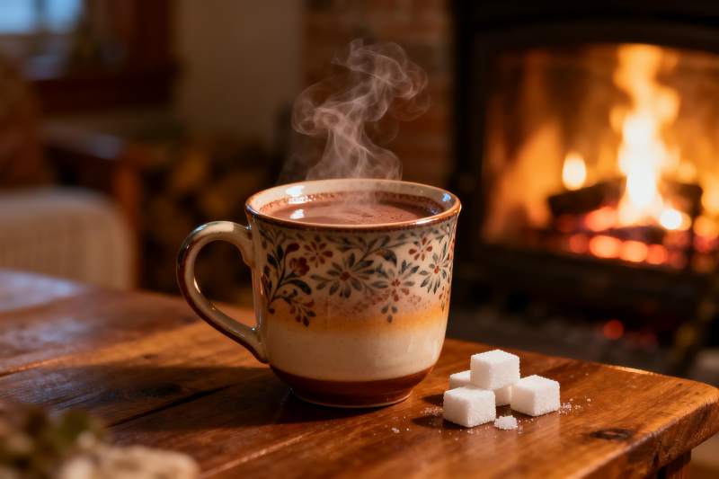 热饮旁的壁炉与糖块图片