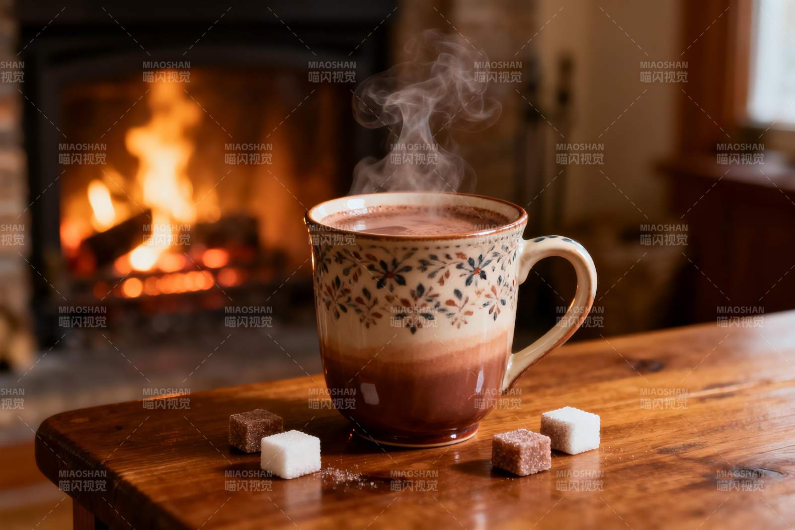 壁炉旁热饮与糖块图片