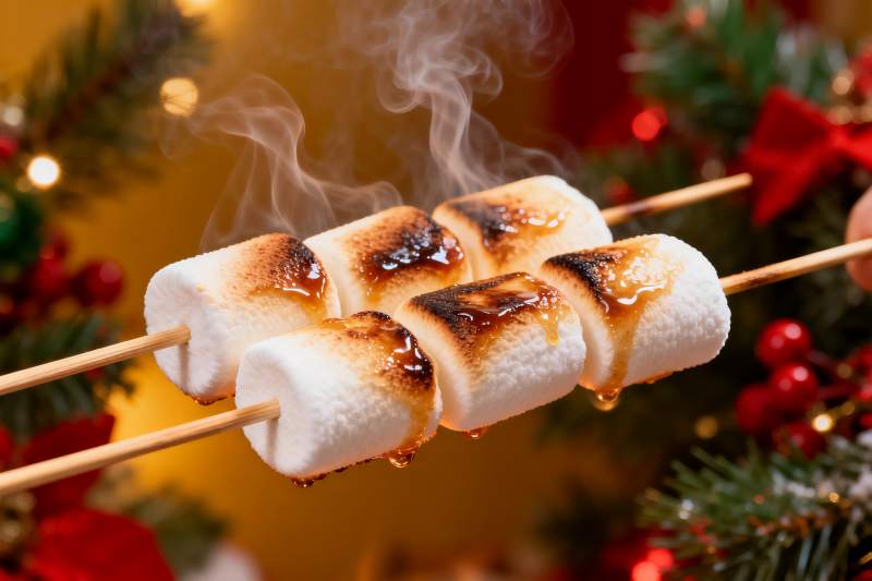 圣诞装饰下的烤棉花糖图片