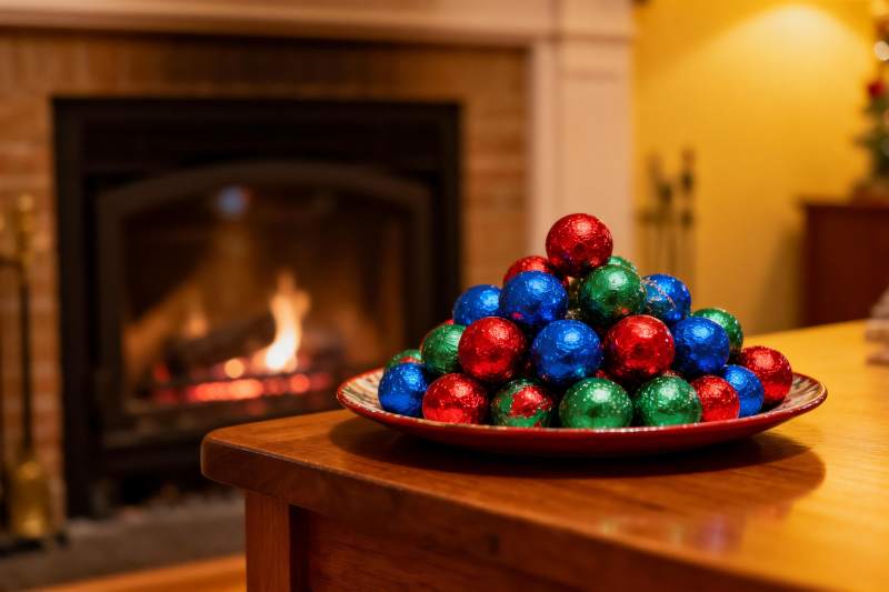 壁炉旁的彩色糖果堆图片