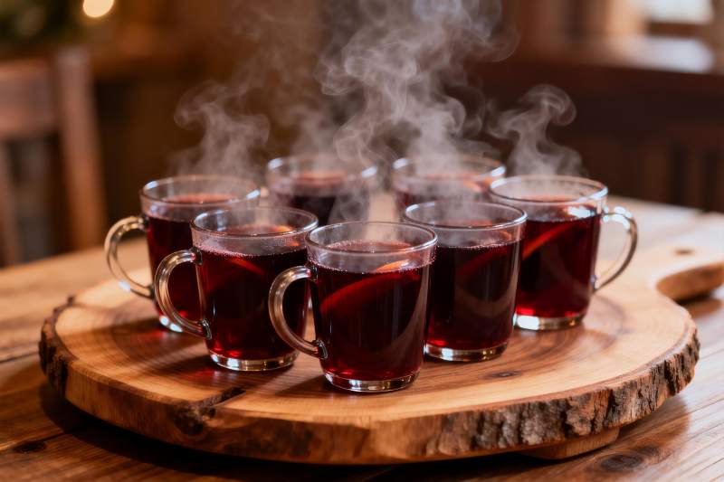 木质托盘上摆放的热红酒图片