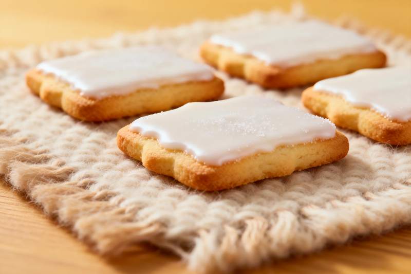 四块糖霜饼干摆放在编织垫上图片