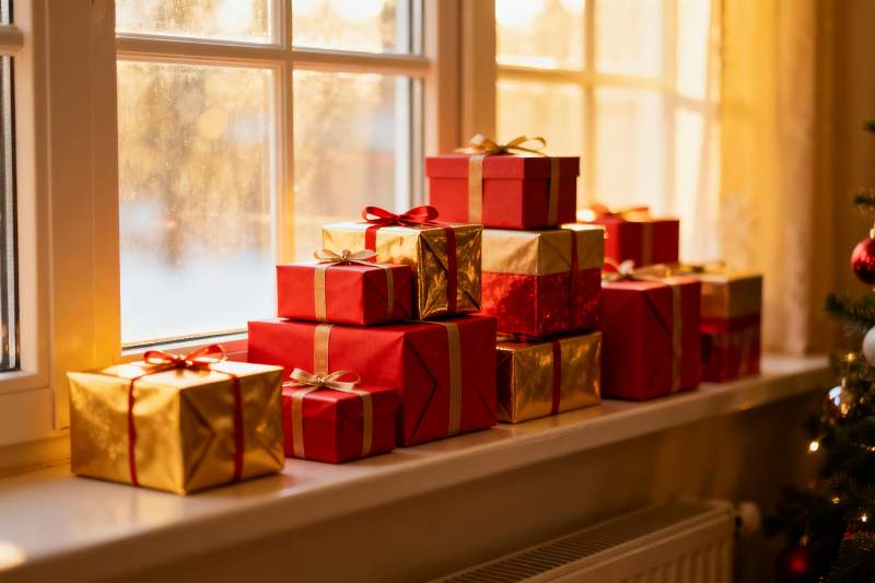 窗台节日礼物堆叠温馨图片
