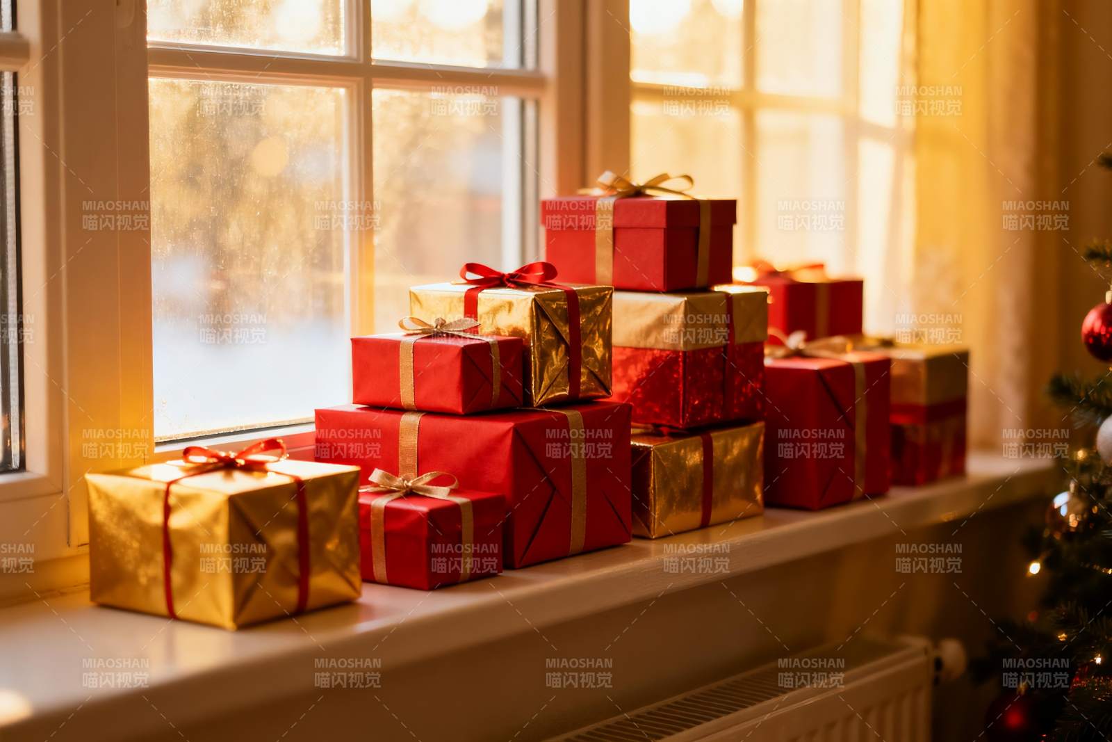 窗台节日礼物堆叠温馨图片