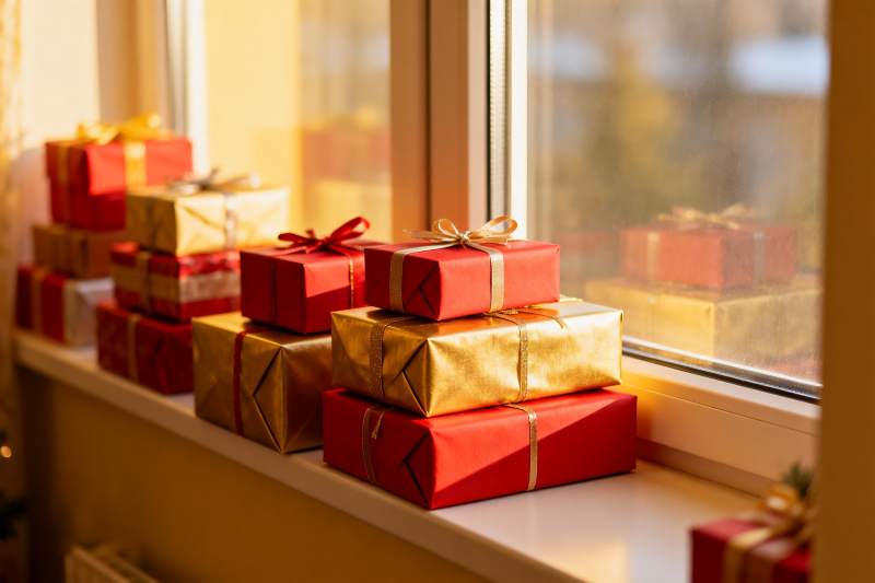 窗台上的节日礼物盒图片